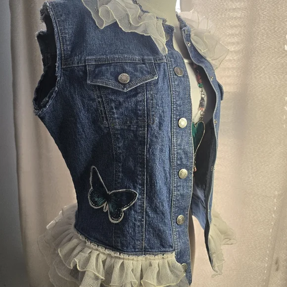 Upcycled Denim Vest with Ruffle Trim and Butterfly Patch Size Medium - Picture 3 of 11